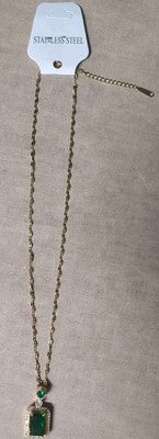 Beautiful Green Gem/Jeweled Pendant Gold Plated Stainless Steel