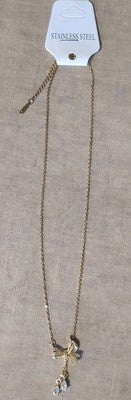 Beautiful Hanging Gem/Jeweled Bow Pendant Gold Plated Stainless Steel