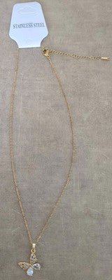 Beautiful Clear Gem/Jeweled Butterfly Pendant Gold Plated Stainless Steel