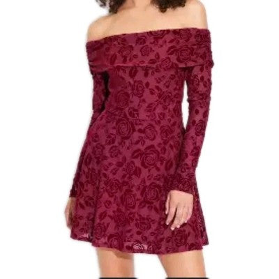 Wild Fable Women's Long Sleeve Floral Flocked Mini Fit And Flare Dress In Red