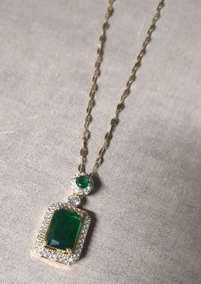 Beautiful Green Gem/Jeweled Pendant Gold Plated Stainless Steel 