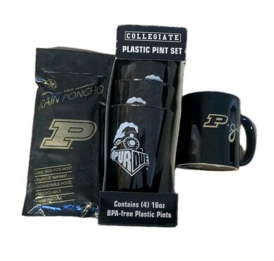 Purdue Boilermakers Fan Bundle 4 Cups, Coffee Glass & Poncho (Box Cond Varies)