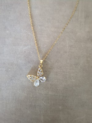 Beautiful Clear Gem/Jeweled Butterfly Pendant Gold Plated Stainless Steel 