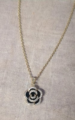 Beautiful Jeweled Black Rose Pendant Gold Plated Stainless Steel 