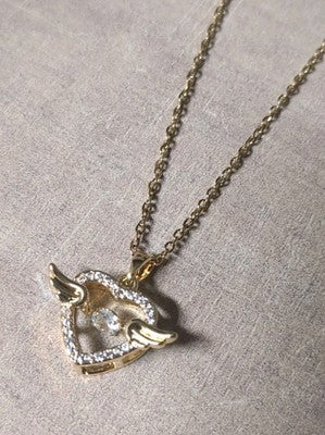 Beautiful Jeweled Winged Heart Pendant Gold Plated Stainless Steel 